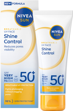 NIVEA SUN UV Face Shine Control SPF50+ PA++++ matujący krem do twarzy nowa formuła, w białej tubie i pudełku.