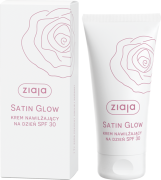 Biała tubka Ziaja Satin Glow Krem nawilżający na dzień SPF 30 obok białego pudełka, z delikatnym różowym rysunkiem róży.