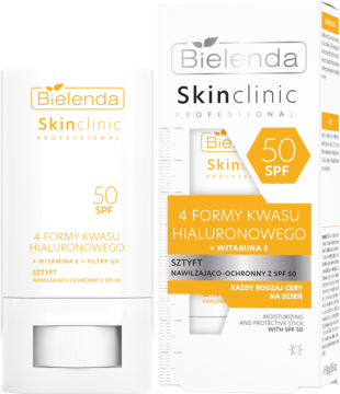 Bielenda Skinclinic Professional SPF 50, nawilżający sztyft z kwasem hialuronowym obok opakowania, widok z przodu.