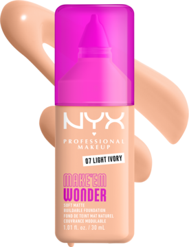 Matujący podkład NYX Make 'Em Wonder D7 Light Ivory, beżowa butelka z różową nakrętką i smużkami w tle.