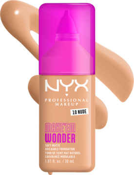 NYX Make 'Em Wonder matujący podkład w szklanej butelce 10 Nude z różową nakrętką, widok z przodu.