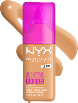 Matujący podkład NYX Make 'Em Wonder Buff w beżowej butelce z jaskrawym różowym korkiem, na tle smug.