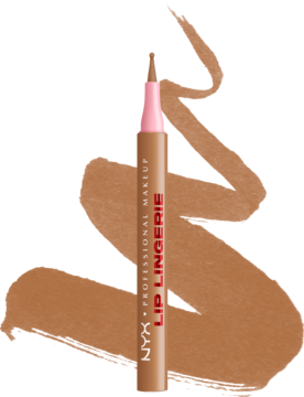 NYX Lip Lingerie wodoodporna konturówka Tease U Later, brązowy pen z precyzyjną końcówką, obok brązowe swatche.