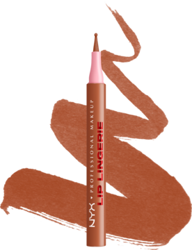 NYX Lip Lingerie wodoodporna konturówka, odcień Barely There, brązowa, leży pod kątem, ze smugami koloru.