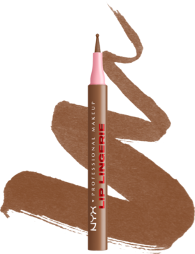 Wodoodporna konturówka NYX Lip Lingerie Steamy Spice, brązowa, płynna, z pędzelkiem i smugą koloru, widok z przodu.