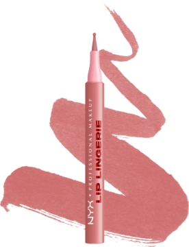 Konturówka NYX Lip Lingerie w odcieniu rosy nude. Widok z przodu, z cienkim aplikatorem i próbkami koloru.