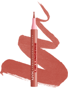 Wodoodporna konturówka NYX Lip Lingerie After Hours, brązowo-nude, widoczna ukośnie na tle próbki koloru.