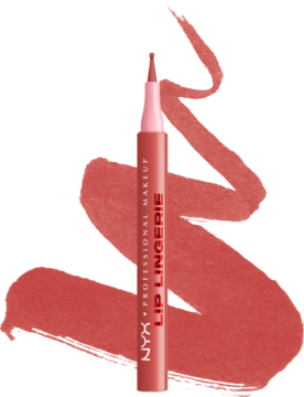 Wodoodporna konturówka NYX Lip Lingerie Send Nudes, beżowo-różowa, z płynną formułą i aplikatorem, na tle swacha.