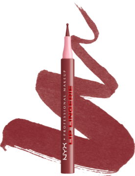 Ciemnoróżowa wodoodporna konturówka NYX Lip Lingerie Up All Night, pędzelek i smuga koloru obok.