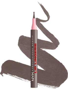 Wodoodporna konturówka NYX Lip Lingerie Wild Side, szaro-brązowa, z różową końcówką i długim swatch. Ujęcie pionowe.