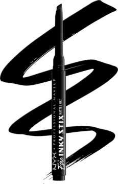 Czarny matowy eyeliner NYX Epic Inky Stix w wysuwanym sztyfcie, ze skośną końcówką, na czarnym tle.