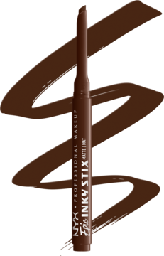 Brązowy, matowy eyeliner w sztyfcie NYX Epic Inky Stix Ember Energy, pionowo, widoczne smugi produktu.
