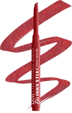 Czerwony metaliczny eyeliner w sztyfcie NYX Epic Inky Stix z widocznymi, błyszczącymi smugami testowymi.