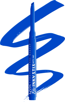 Kobaltowy matowy eyeliner w sztyfcie NYX Epic Inky Stix z widocznymi niebieskimi kreskami, widok z przodu.