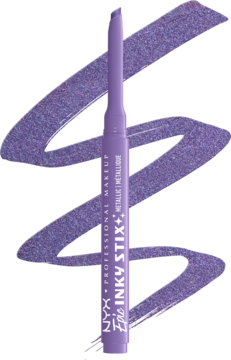 Metaliczny eyeliner NYX Epic Inky Stix w odcieniu Violet Volt, fioletowy wysuwany sztyft z błyszczącymi swatchami.