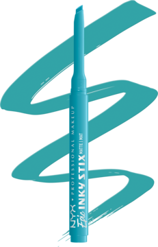NYX Epic Inky Stix matowy eyeliner w sztyfcie Cyber Cyan, z wysuniętą końcówką i turkusowymi smugami.
