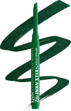 Ciemnozielony metaliczny eyeliner NYX Epic Inky Stix Electric Emerald w sztyfcie, z widocznymi próbkami koloru.