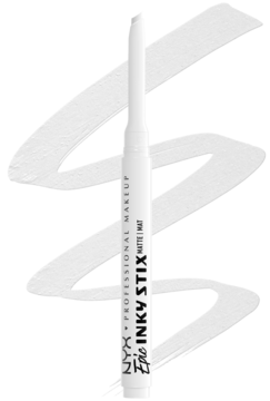 Biały matowy eyeliner NYX Epic Inky Stix Wired White w sztyfcie, obok biała intensywna kreska na czarnym tle.