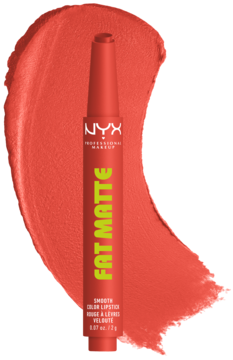 NYX Fat Matte pomadka w sztyfcie, odcień koralowy, z neonowym napisem, na tle koralowego swatcha.