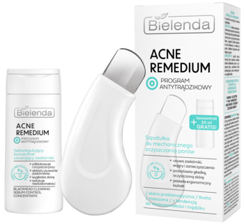 Zestaw Bielenda ACNE REMEDIUM: biały koncentrat do mycia twarzy i ultradźwiękowy oczyszczacz porów w pudełku.