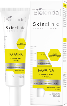 Bielenda Skinclinic peeling enzymatyczny z papainą w białej tubce i pudełku, widok z przodu, żółte akcenty.