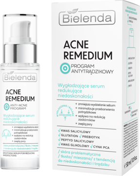 Bielenda Acne Remedium wygładzające serum z kwasem salicylowym, biała butelka i pudełko, widok z przodu.