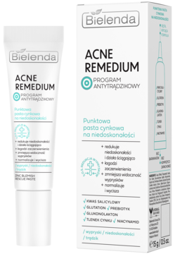 Bielenda ACNE REMEDIUM punktowa pasta cynkowa: biała tubka i kartonowe opakowanie z zielonymi detalami, widok z przodu.