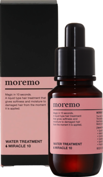 Moremo Water Treatment Miracle 10, brązowa butelka z zakraplaczem obok czarno-różowego pudełka, widok przód.