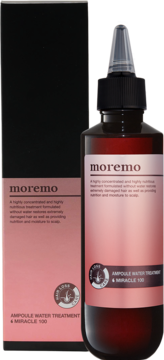 Moremo Ampoule Water Treatment: ciemnobrązowa butelka z precyzyjnym aplikatorem i różowo-czarne pudełko, widok z przodu.