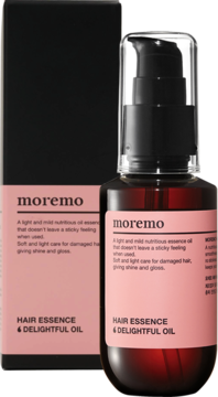 Moremo Hair Essence Delightful Oil, bursztynowa butelka z różową etykietą, obok czarnego pudełka. Nadaje blask.
