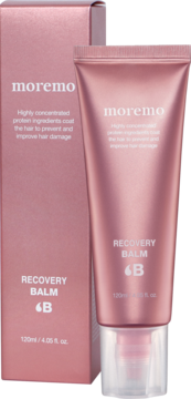 Moremo Recovery Balm B, 120ml, metaliczna różowa tubka i pudełko, widok z przodu, odżywka proteinowa.