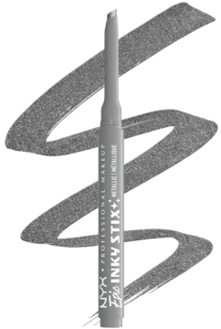 Metaliczny eyeliner w sztyfcie NYX Epic Inky Stix Silver Shock, srebrna kreska na czarnym tle.