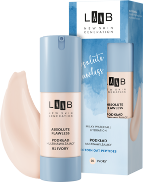 AA Laab Absolute Flawless 01 Ivory, nawilżający podkład z Ectoin Oat Peptides, butelka i pudełko.