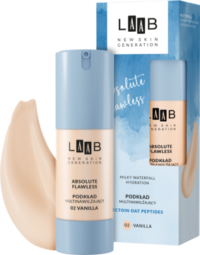 LAAB Absolute Flawless podkład Milky Waterfall 02 Vanilla, jasnoniebieska butelka i pudełko na tle swatcha.