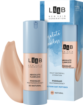 AA Laab nawilżający podkład Absolute Flawless 03 Natural w pastelowej butelce z pompką, obok pudełko.