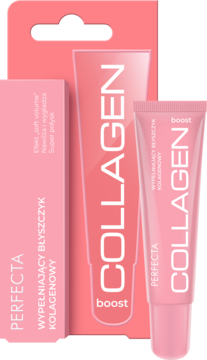 PERFECTA COLLAGEN boost wypełniający błyszczyk kolagenowy, różowa tubka obok kartonika, na czarnym tle.