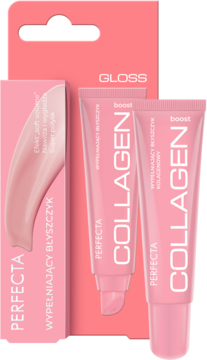 Różowy błyszczyk kolagenowy Perfecta Collagen Boost, zestaw z kartonowym opakowaniem i dwiema tubkami, widok z przodu.