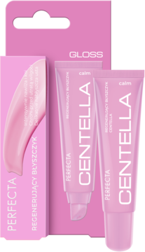 Różowy błyszczyk Perfecta Centella Regenerujący GLOSS, dwie tubki i pudełko na czarnym tle.