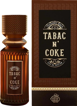Flakon perfum Fragrance World Tabac N'Coke z brązową etykietą, obok pasującego brązowego pudełka. Widok z przodu.