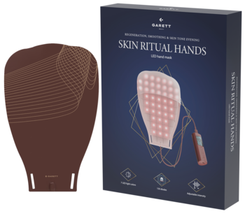 Maska LED Garett Beauty Skin Ritual Hands: brązowa rękawica LED na dłonie i granatowe pudełko zestawu.