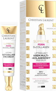 Christian Laurent Supreme PDRN 9x Collagen liftingujący krem pod oczy, biała tuba ze złotym aplikatorem i pudełko.