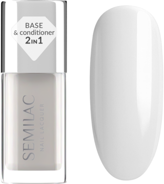 Semilac 2w1 baza i odżywka do paznokci w butelce, obok mleczny, biały żelowy wzornik koloru.