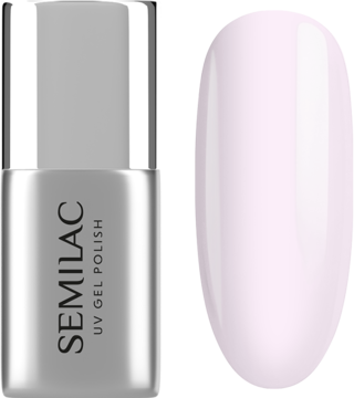 Semilac Fiber Base Pink Milk, srebrna butelka UV Gel Polish obok wzornika mlecznoróżowej bazy.