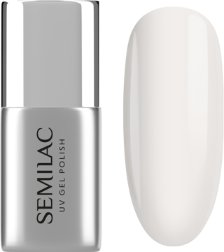 SEMILAC UV Gel Polish Milky Top Coat w srebrnej butelce i mlecznobiały, błyszczący, półkryjący wzornik.