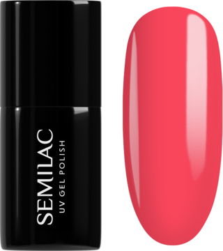 Semilac UV Gel Polish Magenta Ticket: czarna butelka obok próbki neonowego, intensywnego różu na szarym tle.