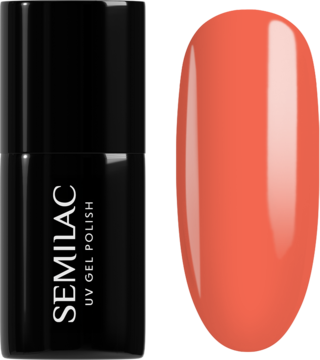 Semilac Bittersweet Orange UV Gel Polish: czarna butelka i neonowy, koralowo-pomarańczowy wzornik paznokcia.