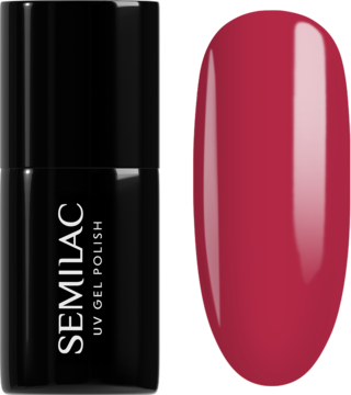 Lakier Semilac Jelly Raspberry: czarna butelka i swatch półtransparentnego malinowego lakieru hybrydowego.