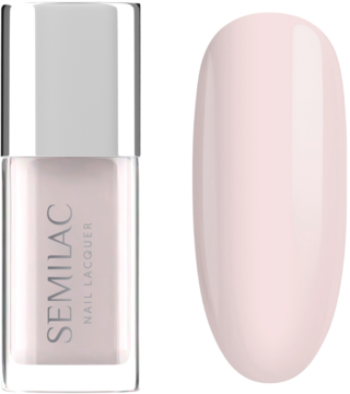 Semilac Nail Lacquer 002 Delicate French, butelka z lakierem i wzornik w mlecznym różu.