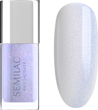 Butelka lakieru Semilac z opalizującym różowo-niebieskim brokatem i swatch. Perłowy połysk jako top coat.