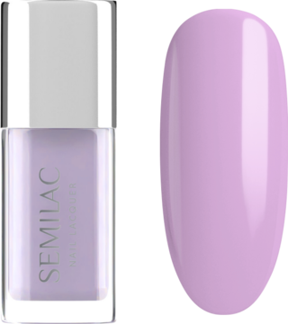 Semilac Nail Lacquer Pastel Lilac. Butelka z lakierem w odcieniu pastelowego fioletu i owalny swatch.